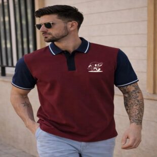 Skull Maroon  Stripped Collar Regular Fit Pique Polo